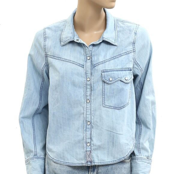 Free People We The Free Shrunken Denim Indigo Blouse Top Buttondown S NWD 281397 - Picture 3 of 6